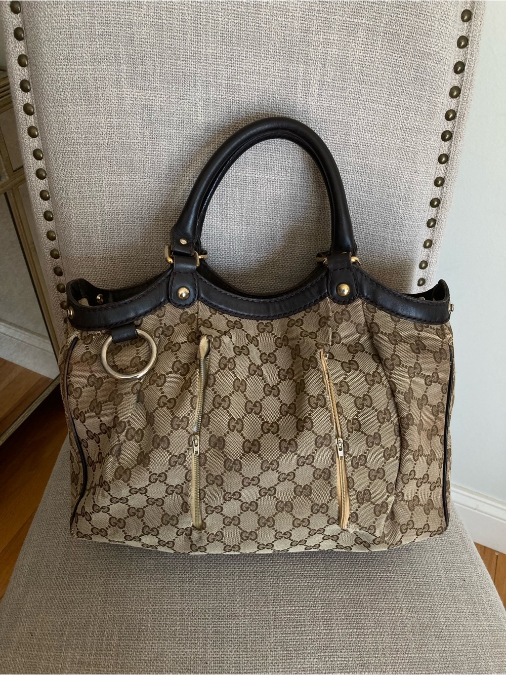 Gucci Sukey Beige GG Canvas Tote with Dark Brown Leather Trim